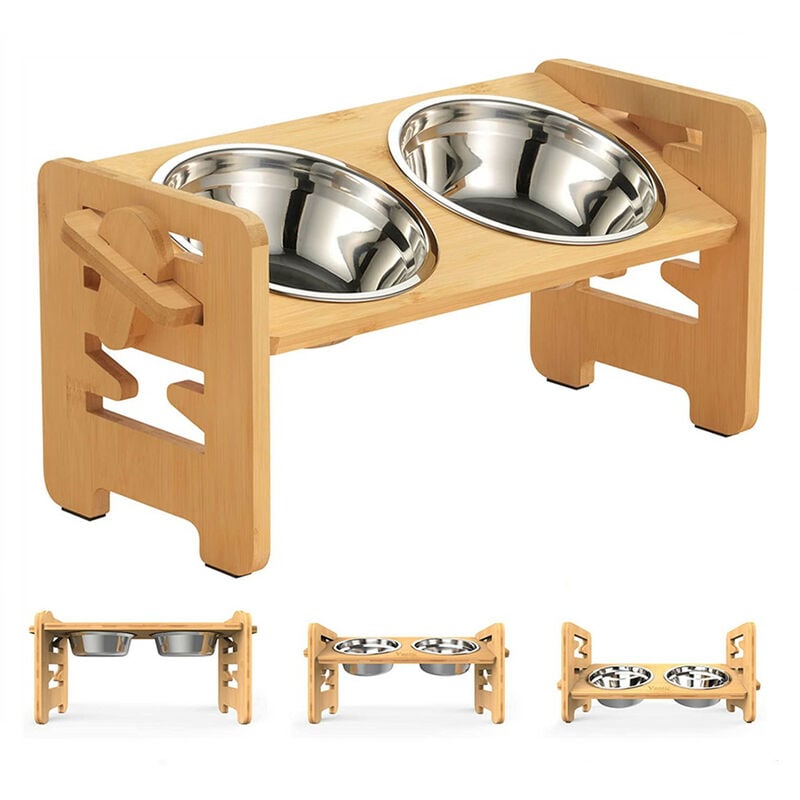 Wyctin - Hofuton Gamelle Surélevée pour Chien, Animaux de Compagnie avec Support Réglable en Bambou pour Chiens Chats avec 2 Bols en Acier Inoxydable
