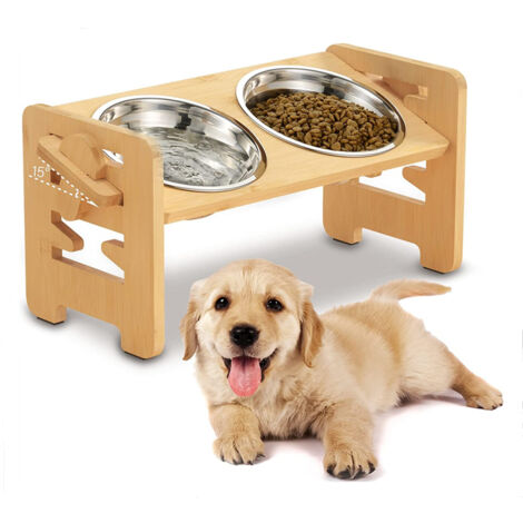 Hofuton Gamelles Surélevée pour Chat et Chien Personnalisée en Bambou avec 2 Bol en Inox