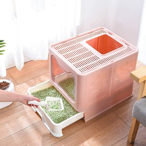 Hofuton Grand bac à litière pliable anti-éclaboussures, 51 x 41 x 38 cm, rose