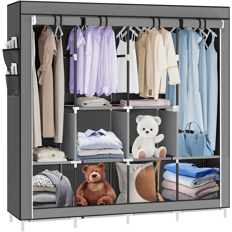 Hofuton Grande armoire de rangement penderie pliable vêtements en tissu intissé gris