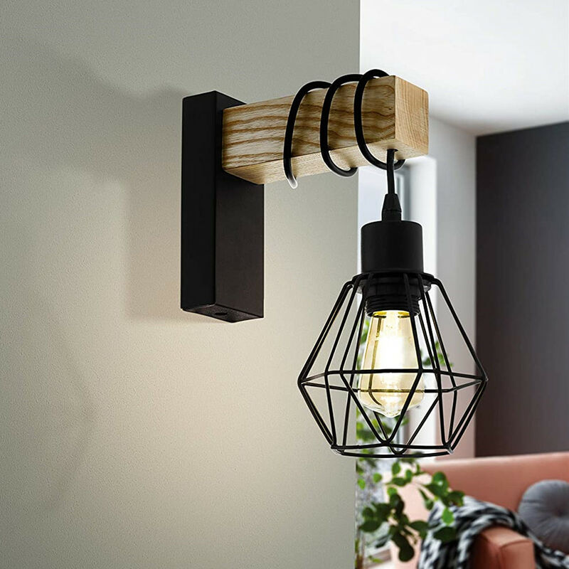 Hofuton Lot de 2 Applique Murale Interieur, Industrielle Métal et Bois Lampe Murale Vintage pour Chambre Salon Restaurant Cuisine Couloir Bar, E27,