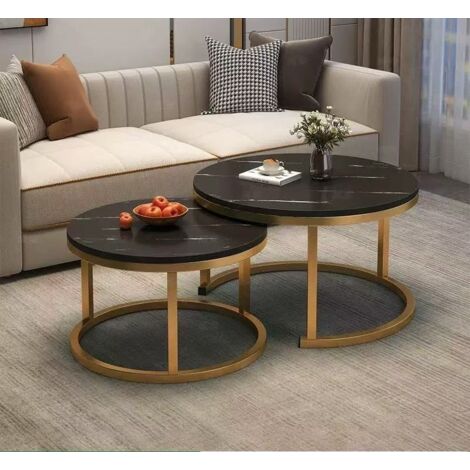 Hofuton Lot de 2 Tables Basses Gigognes, Table d'appoint Ronde, pour Salon, Salle à Manger, Chambre, Balcon, Noir et Doré