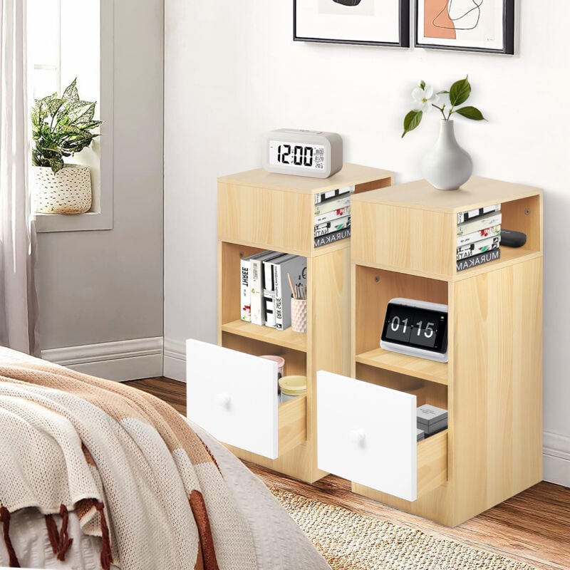 Hofuton Lot de 2 Tables chevets étroites avec tiroir et 2 compartiments ouverts, pour chambre à coucher, salon, 25x30x66cm, chêne