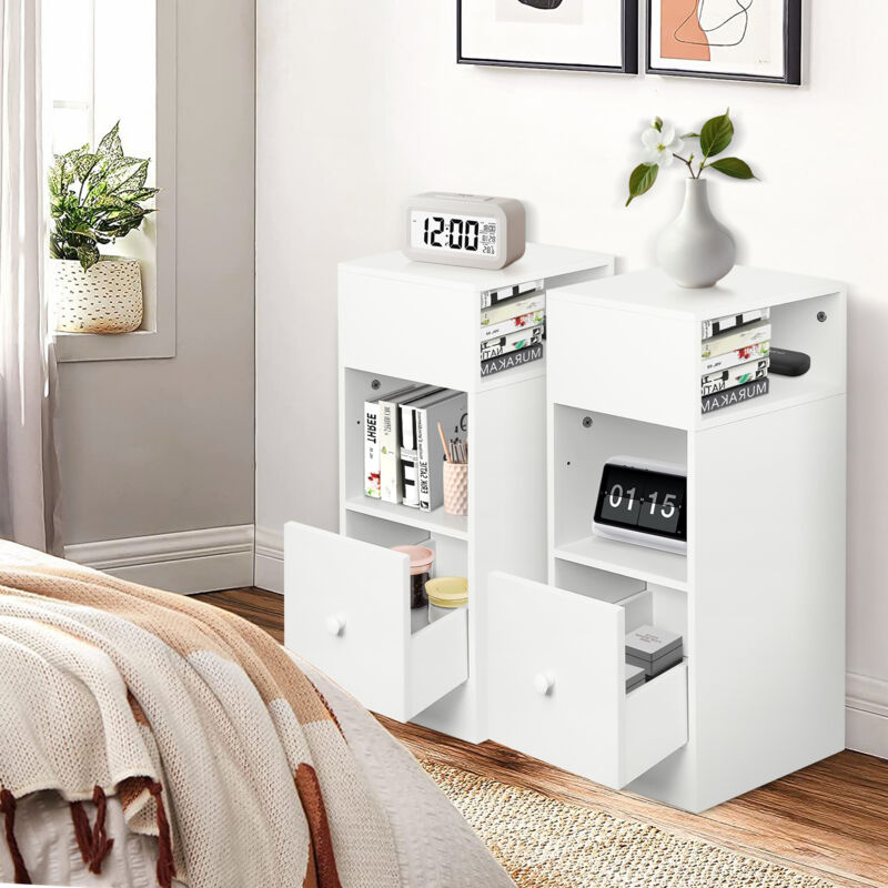 Hofuton Lot de 2 Tables chevets étroites avec tiroir et 2 compartiments ouverts, pour chambre à coucher, salon, 25x30x66cm, blanc