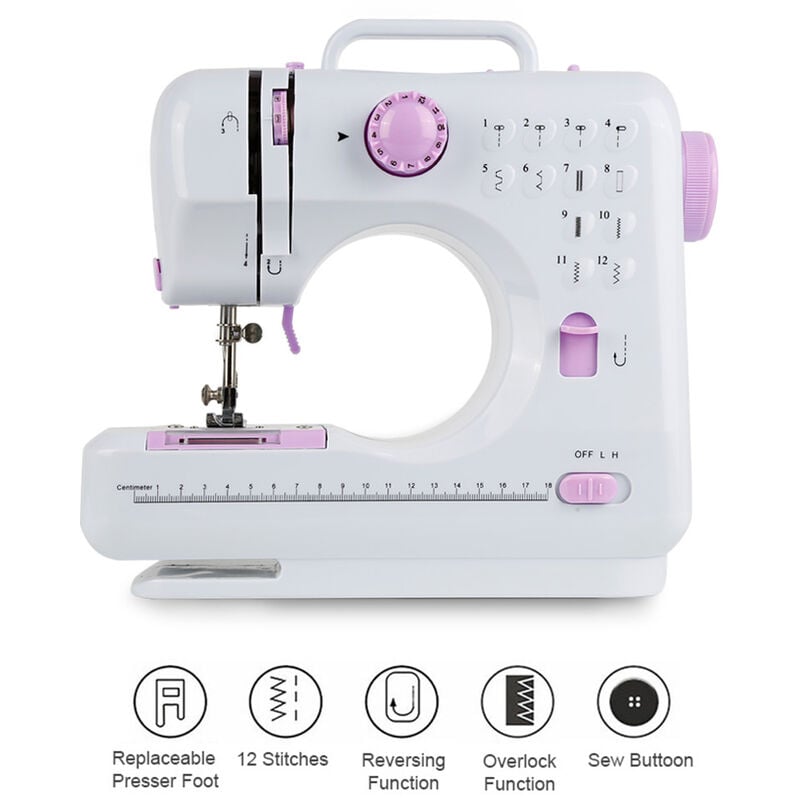 Hofuton Machine à Coudre 12 Points, Outil de Couture à 2 Vitesses, Blanc/Rose, 12 Modèles, Matériau: Métal, Plastique abs