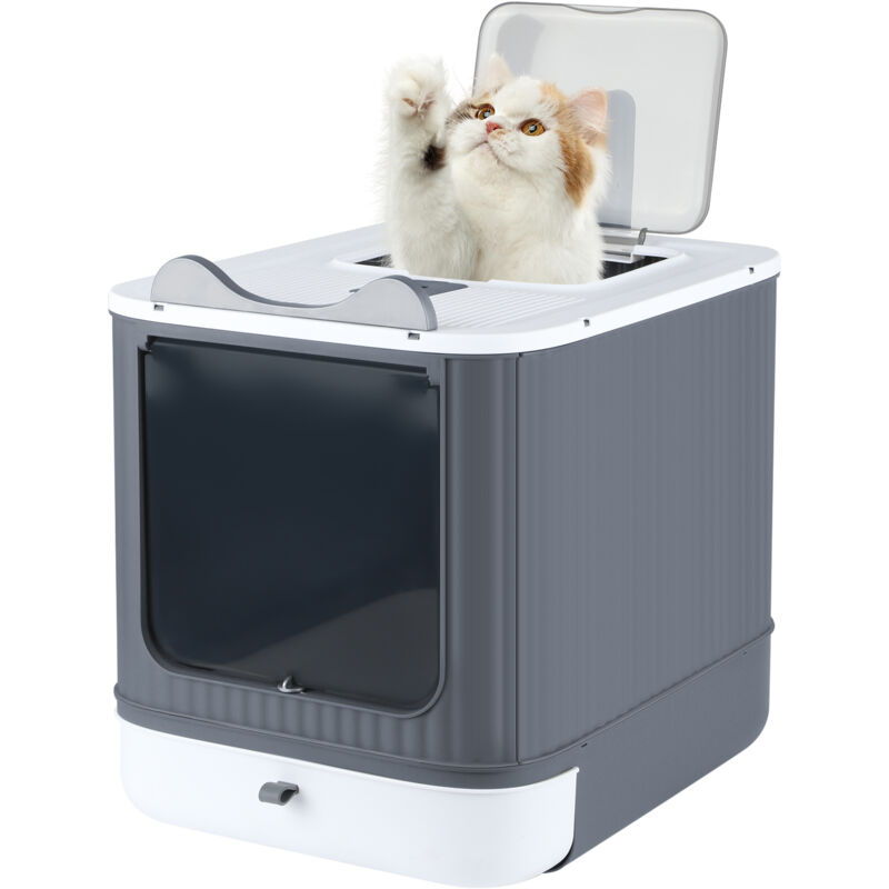 Hofuton Maison de toilette pour chat - tiroir à litière coulissant, porte transparente, pelle - blanc