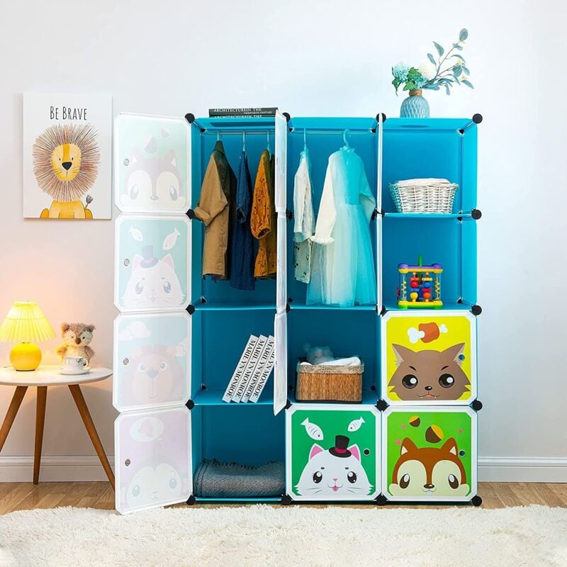 Hofuton Meuble de Rangement Enfant 12 Cubes, Armoire Modulable avec Portes, Étagère en Plastique, pour Vêtements, Chaussures, Jouets, Sacs d'école,