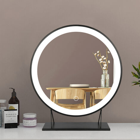 Hofuton Miroir LED Miroir de Maquillage Cadre Noir Rond Ø 50cm - Trois Couleurs Réglables