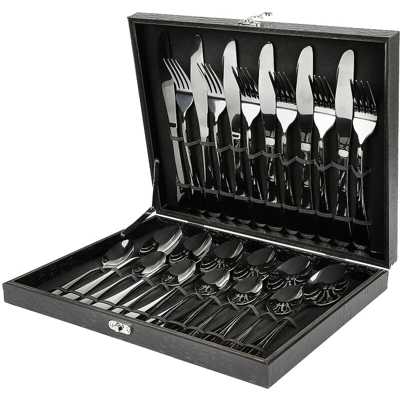 Hofuton Ménagère Couverts Acier Inoxydable 24 Pièces 6 Personnes, Poids Léger de Gamme Ménagère Cuillère Fourchette Couteau Couverts De Table Noir.