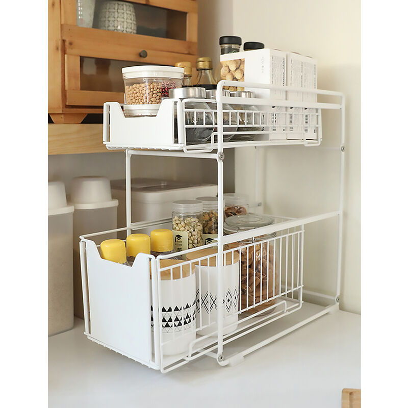 Hofuton Organisateur de Cuisine à 2 Niveaux Rangement Sous Evier Coulissant Support d'armoire Coulissant Blanc