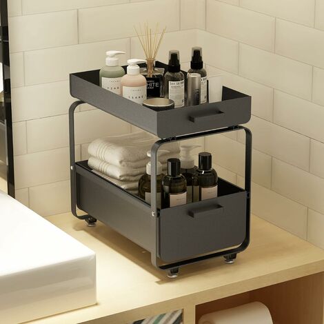 Hofuton Organiseur sous évier, panier coulissant à 2 niveaux sous lavabo de la salle de bain, étagère de rangement polyvalente pour salle de bain et cuisine, noir