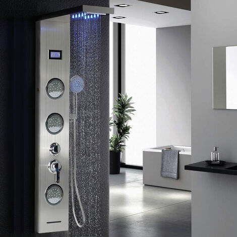 Hofuton Panneau Colonne de Douche LED Multi-fonctionnel en Acier Inox Mitigeur Douche à Main System Ensemble pour Salle de Bain