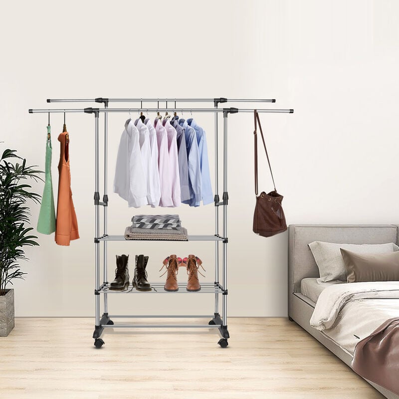 Hofuton Portant à Vêtements avec Roulettes, Double Barre, Penderie Métallique, avec Etagère de Rangement à 2 Niveaux, Mobile, Vestiaire Porte