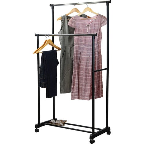 Portant à vêtements casa en métal chromé et noir, penderie double sur  roulettes avec 2 barres hauteur et longueur réglables - Conforama