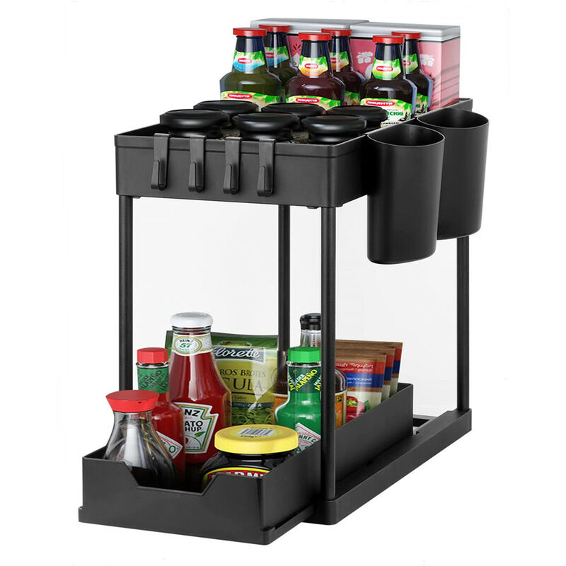 Hofuton Rangement sous Evier 2 Niveaux, Étagère Rangement Cuisine, Coulissant Organiseur sous Évier Etagere Tiroir, Noir