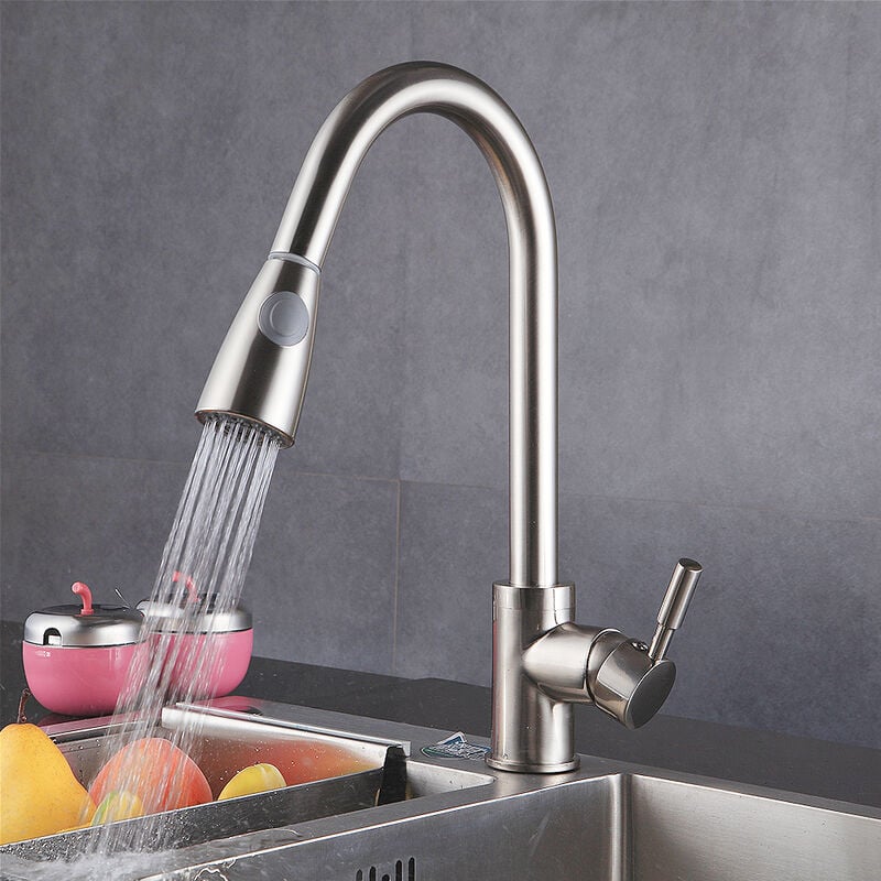 Hofuton Robinet Cuisine, Mitigeur Cuisine Rotatif à 360°avec Douchette Extensible, 2 Modes de Pulvérisation Robinet d'Évier en Acier Inoxydable, Eau