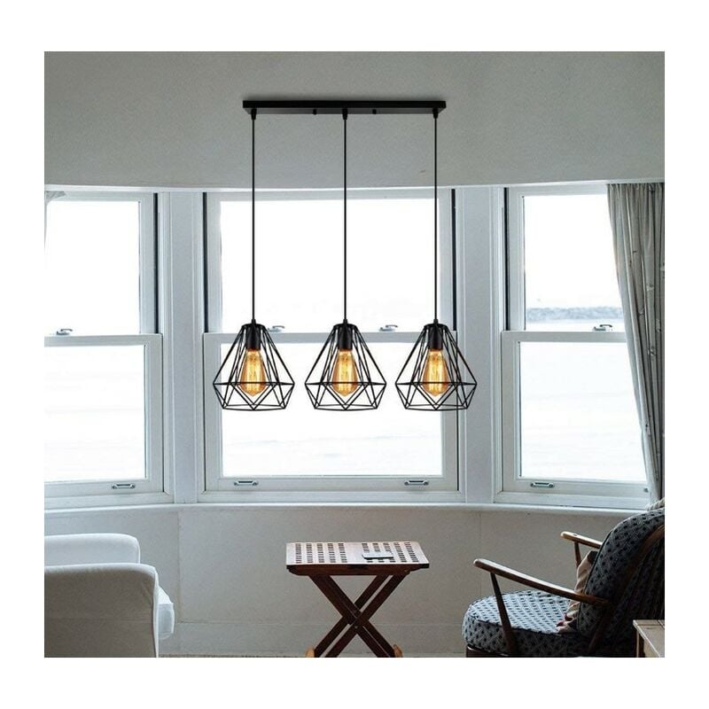Hofuton Rétro Lustre Suspension Industrielle Cage Diamant Plafonnier Luminaire Salle à Manger Couloir Chambre Noir Style 1