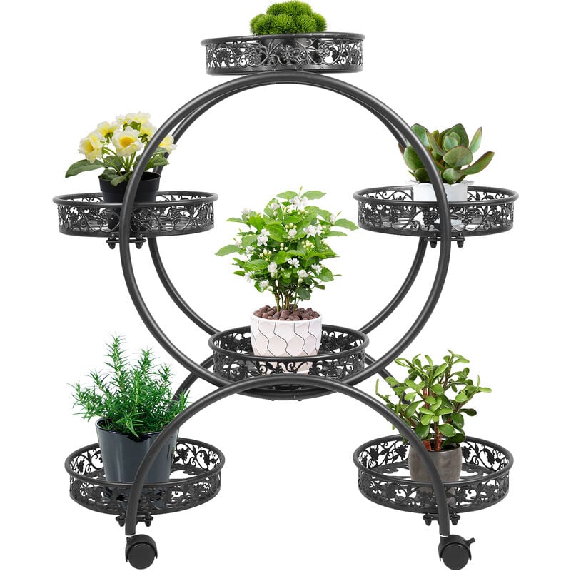 Hofuton Support de fleurs en métal, support de pot de fleurs avec roulettes , étagère à plantes enroulable, étagère à fleurs balcon jardin salon, noir