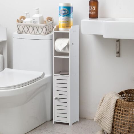 Hofuton Support de papier toilette avec tringles, petite armoire de rangement de salle de bain avec portes et étagères, armoire de rangement fine pour salle de bain, petits espaces – blanc