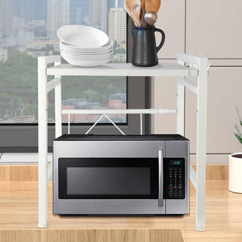 Hofuton Support extensible pour four à micro-ondes à charge lourde, support d'étagère pour four à micro-ondes avec 6 crochets suspendus organisateur