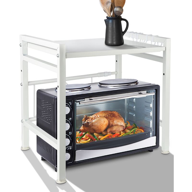 Hofuton Support Four Micro-Ondes avec 2 Niveaux Extensible en Hauteur & Largeur avec 6 Crochets Parfaits pour Accrocher Vos Ustensiles de Cuisine