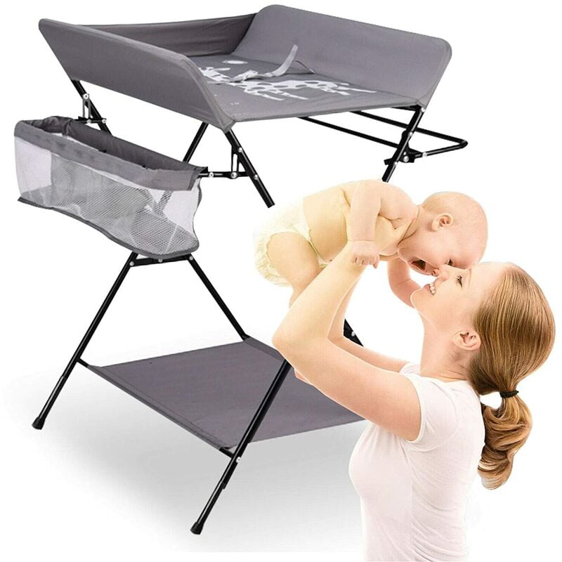 hofuton table à langer à roulettes pliable et portable pour nouveau-nés et bébés, avec panier de rangement, gris