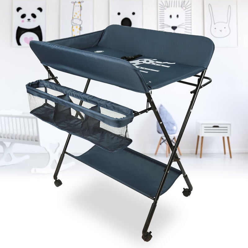 hofuton table à langer à roulettes pliable et portable pour nouveau-nés et bébés, avec panier de rangement, bleu marine