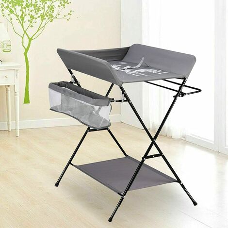 Hofuton Table à Langer Pliante, Table à Langer Réglable en Hauteur avec Panier de Rangement, Ceinture de Sécurité et 4 Roues avec Frein (Gris)