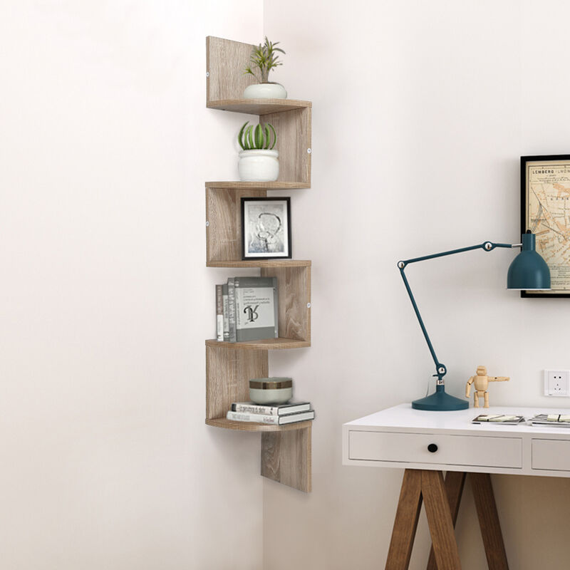 Hofuton Étagère d'angle, Bibliothèque d'angle Scandinave, Moderne et Minimaliste, avec 5 Tablettes Robustes et Résistantes, Chêne