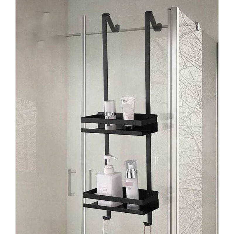 Hofuton Étagère de Douche Suspendu, Sans Percer, Panier de Douche, Étagère Salle de Bains avec 2 Crochets, Noir