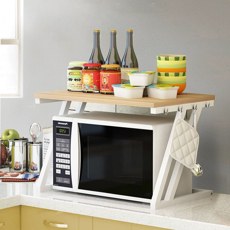 Hofuton Étagère de Rangement pour Micro Ondes, Structure en Métal, Comptoir en Bois, Support de Micro-Ondes, Design Moderne (Couleur du Bois)