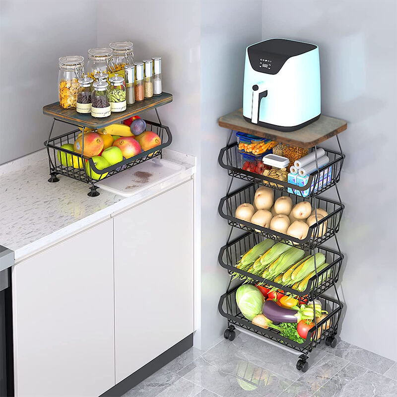 Hofuton Étagère à légumes, corbeille à fruits empilable à 5 niveaux avec roulettes verrouillables panier en fil métallique avec couche supérieure