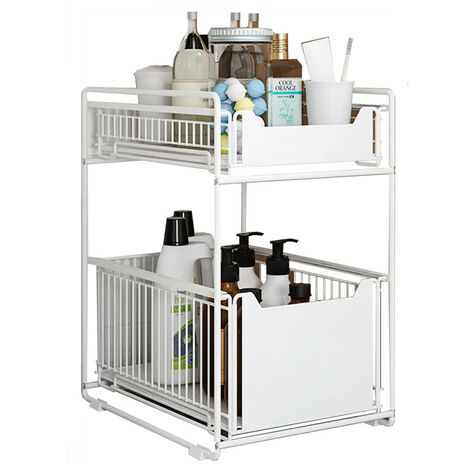 Hofuton Tiroir de rangement à 2 étages sous évier pour cuisine et salle de bain, panier de rangement coulissant en métal, pour la maison et le bureau, revêtement blanc