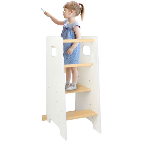 Hofuton Tour d'observation et d'apprentissage en Bois Naturel Montessori - 3 Niveaux Réglables - Pieds Anti Bascule et Antidérapants - Double Barres de Sécurité - Blanc
