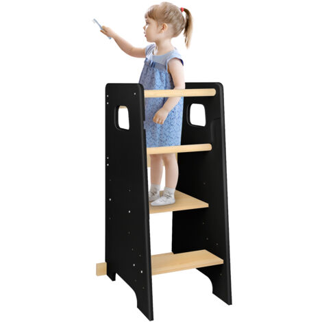 Hofuton Tour d'observation et d'apprentissage en Bois Naturel Montessori - 3 Niveaux Réglables - Pieds Anti Bascule et Antidérapants - Double Barres de Sécurité - Noir