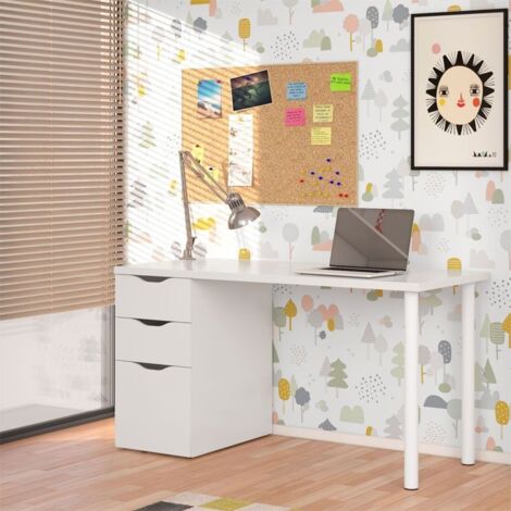 Hogar24 – Bureau réversible 138 cm avec caisson 2 tiroirs – Panneau mélaminé blanc artik – Pieds cylindriques en métal – Montage facile