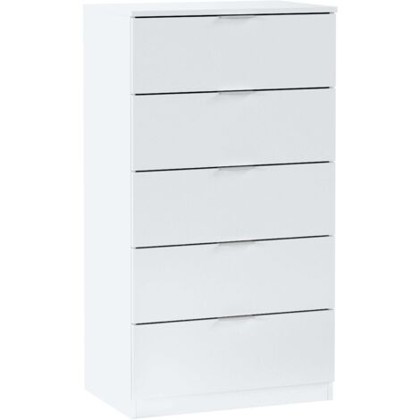 Hogar24 – Commode 5 tiroirs en blanc Artik – Panneau mélaminé 15mm – Glissières métalliques – Grand rangement moderne 110x60x40cm