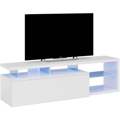 Hogar24 – Meuble TV LED 150 cm blanc brillant – 4 niches de rangement – Éclairage LED bleu intégré – Panneaux mélaminés haute qualité