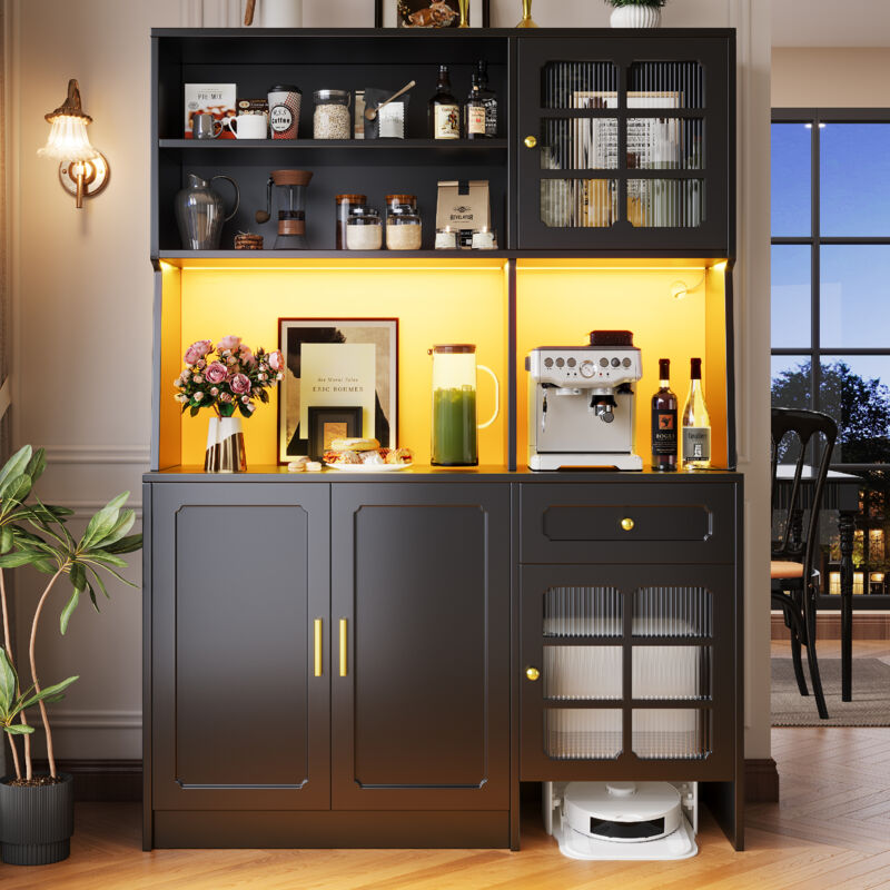 Stilvora Hoher Küchenschrank Mit Glastüren Und Led, Fach Für Saugroboter, Für Küche, Aus Mdf, Schwarz, 130x45x180 Cm