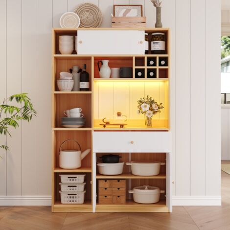 Hoher Küchenschrank – LED – 115 x 35 x 180 cm – 1 Schublade, 3 Türen und Einlegeböden, Platz für eine Mikrowelle – Weiß und Holz