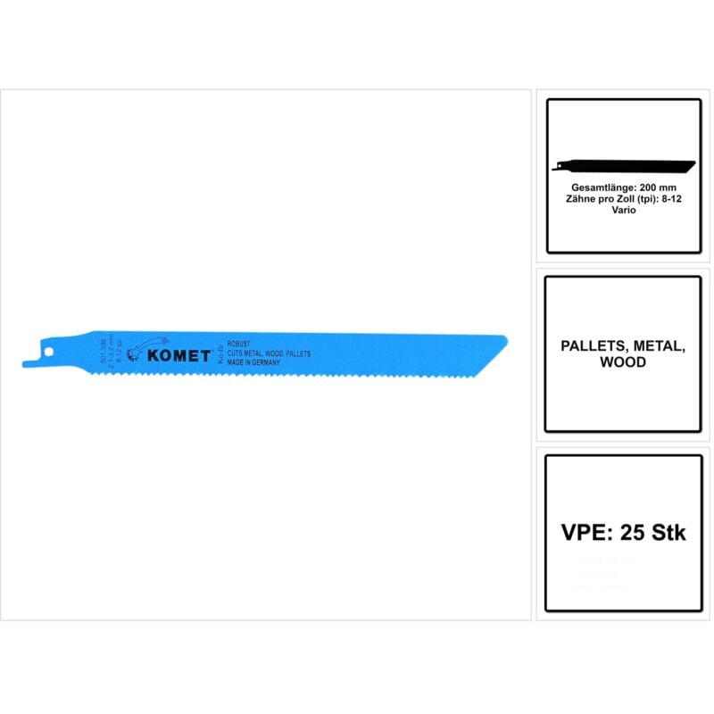 Komet - Hoja de sierra Sabre paletas 200mm 8-12tpi - 25 piezas. HSS-Bi-Metall Vario ( 5x 501.396 )