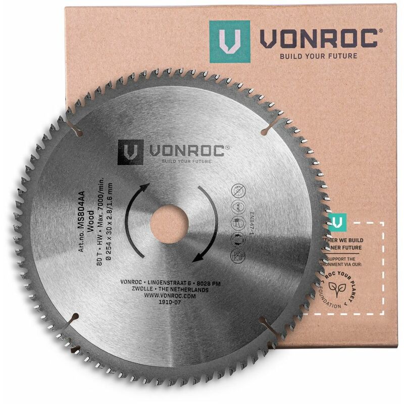 

Hoja de sierra universal 254mm - 80 dientes - para madera - adecuada para ingletadoras y sierras de mesa. - Vonroc