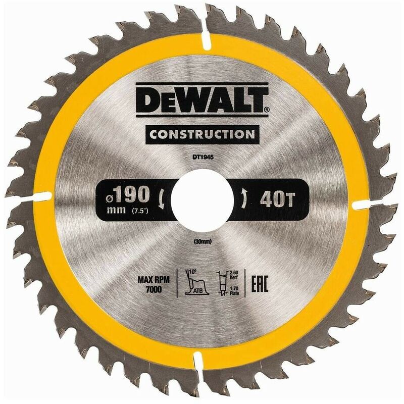 

DEWALT DT1945-QZ - Hoja para sierra circular portátil para construcción 190x30mm 40D ATB +10º