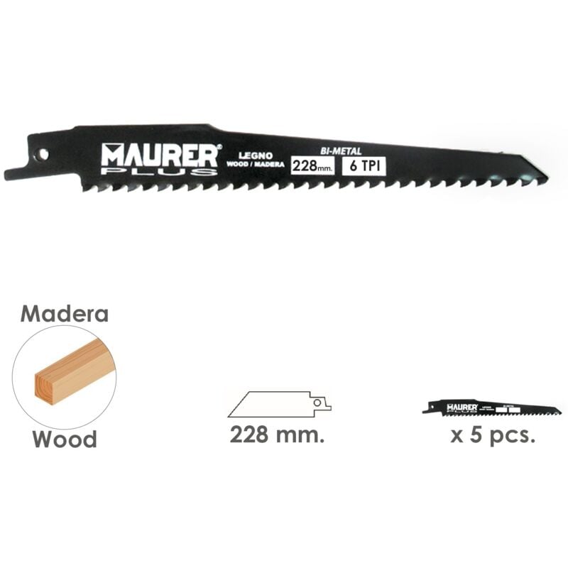 

Hoja para sierra sable madera 228 mm. - 6 tpi tipo bosch (5 piezas)