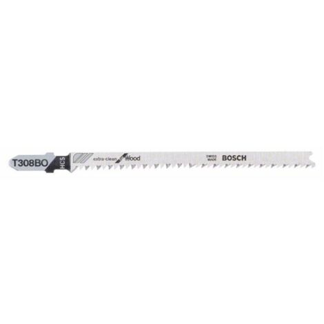 Hoja sierra caladora para madera blando, corte curva fina, ref. Bosch : T 308 BO, calidad de Hoja de sierra HSC, Largo total 117 mm
