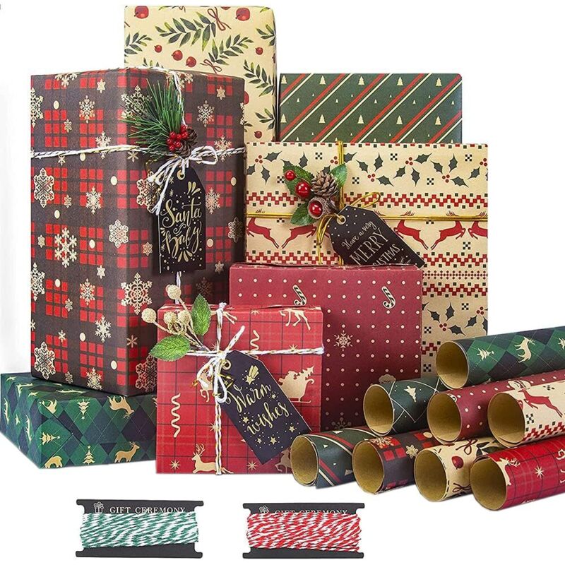 hojas de papel para envolver regalos navideños, 70 x 50 cm, papel kraft reciclado, 8 diseños, con 2 rollos de cuerda de 5 m, para envolver regalos