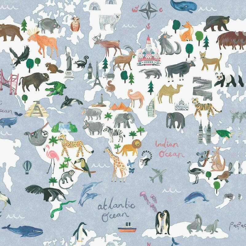 Holden Decor - Animal Maps Blue Wallpaper Kids Bedroom Nursery Oceans Landmarks