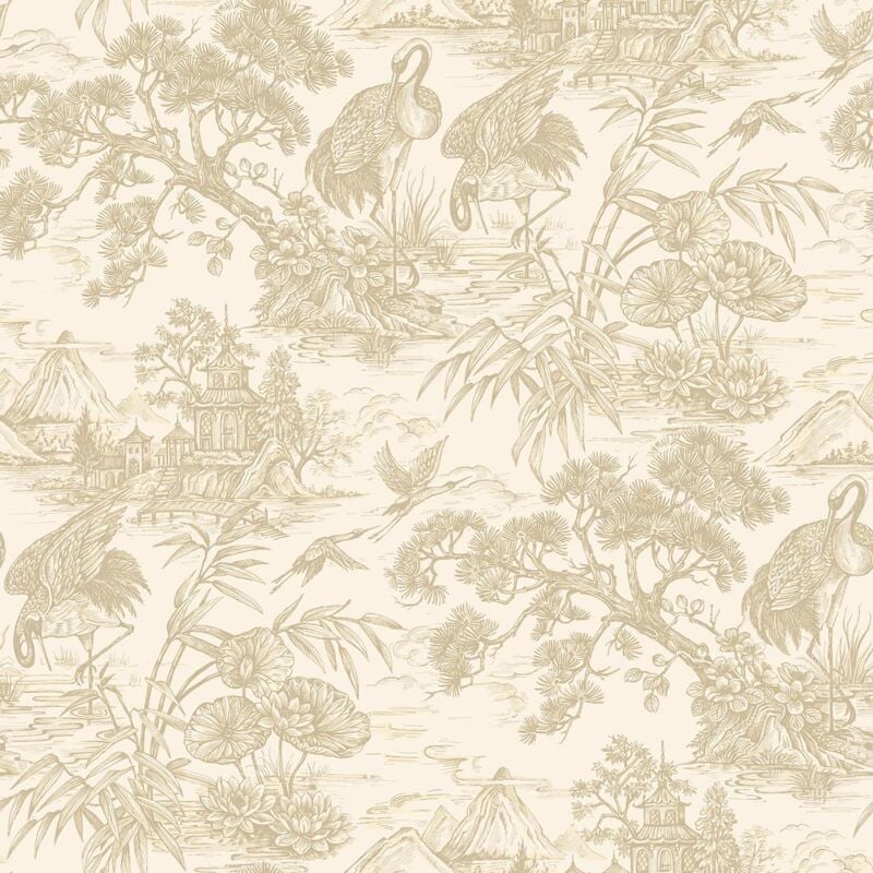 Holden Decor - Crane Lagoon Cream Gold Wallpaper Floral Metallic Feature Wall