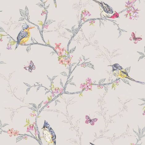 Holden Decor Dove Grey Multi Color Birds Trees Floral Butterfly Wallpaper