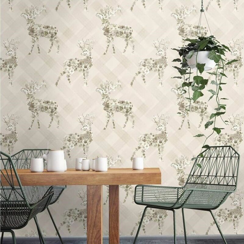 Beige Floral Elk Wallpaper Majestic Stag Motifs Subtle Flowers Check TartanPrint